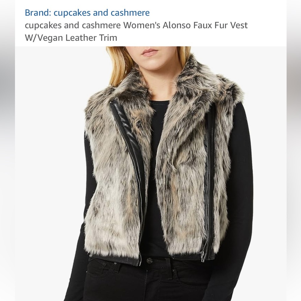 Cupcakes & Cashmere Faux Fur Vest w/ Vegan Leather Trim - Gray and Black, Small - Picture 8 of 14